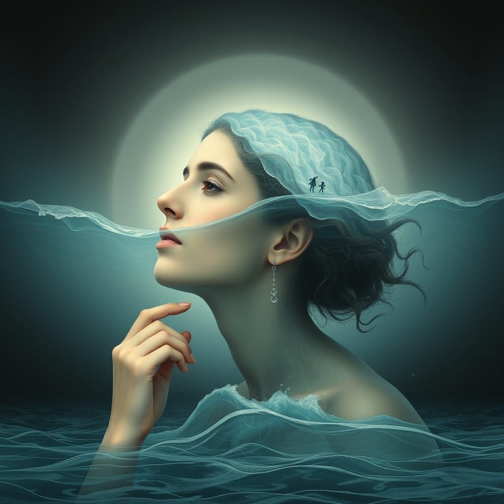 Ethereal Woman Submerged in Turbulent Mind