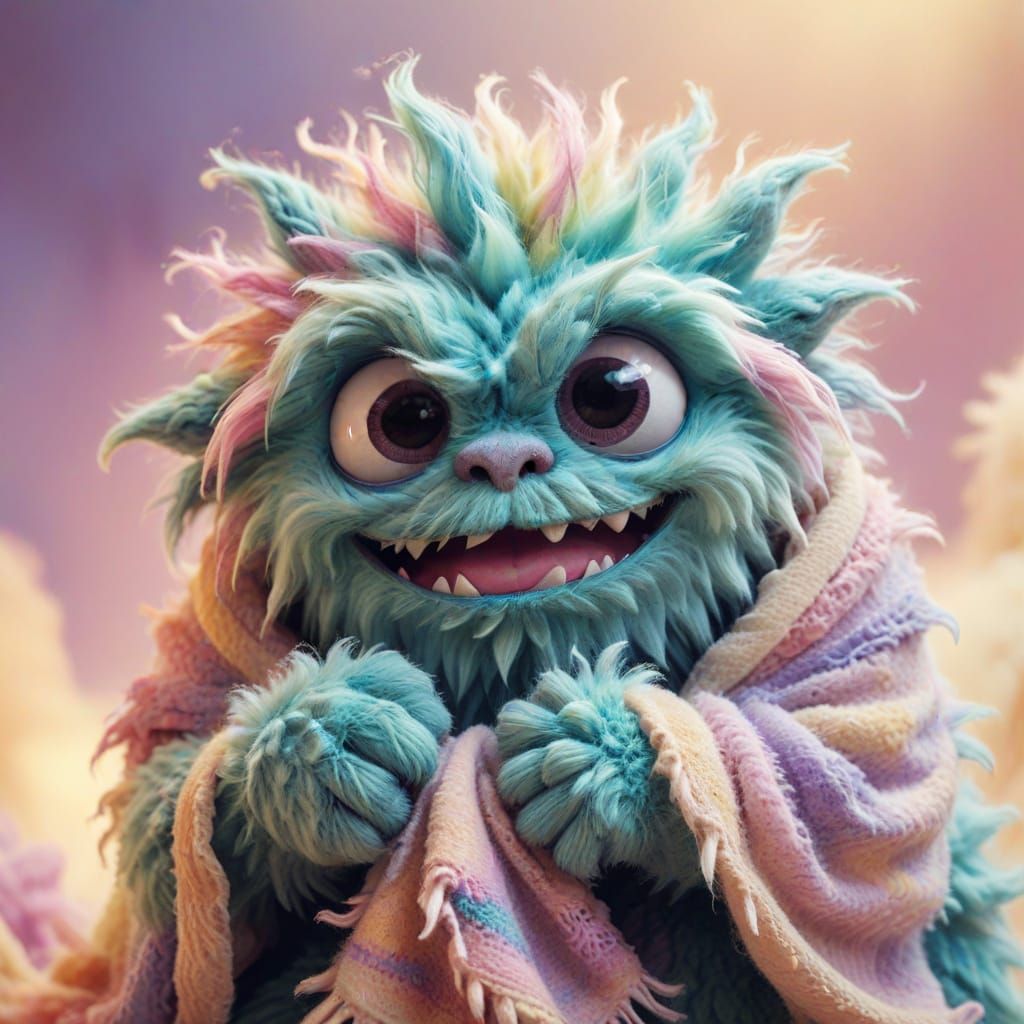Adorable Fuzzy Monster with Blanket in Pastel Colors