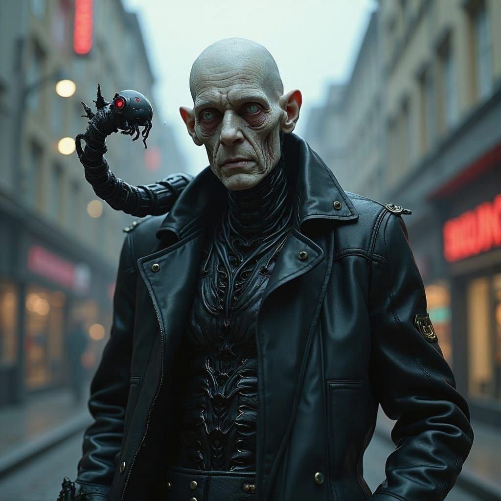 Cyberpunk Blind Man Guided by Robotic Slug