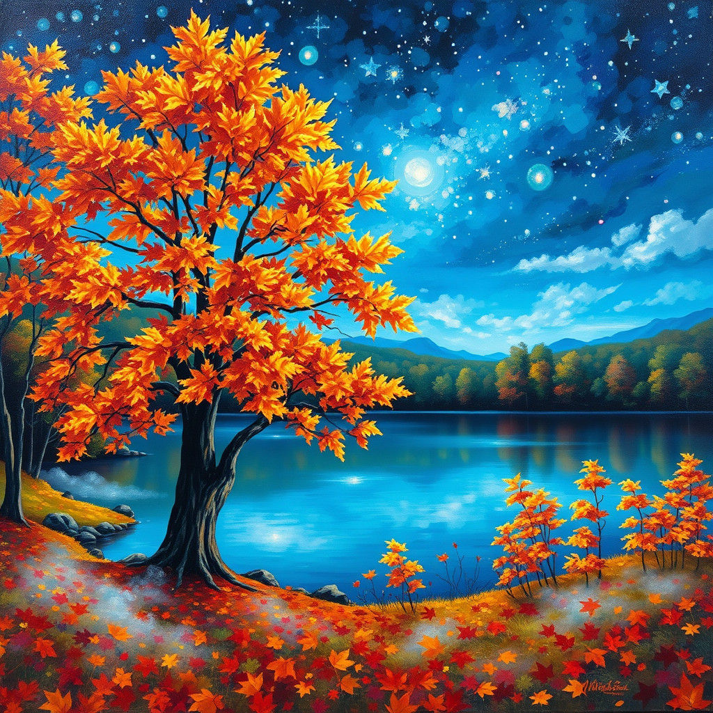 Enchanting Autumn Nocturne as Impasto Painting