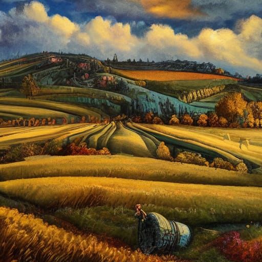 Golden Farm in Grungy Oil Painting Style