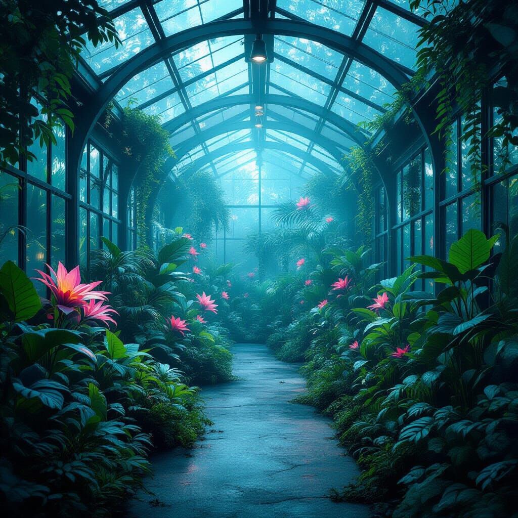 Bioluminescent Greenhouse With Exotic Flora In Minimalist St...