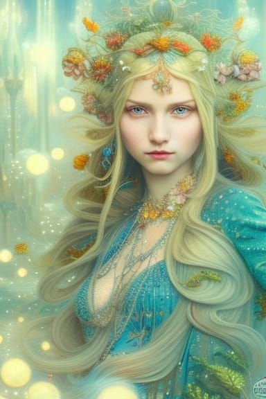 Detailed Portrait of Blonde Elf with Neon Lights