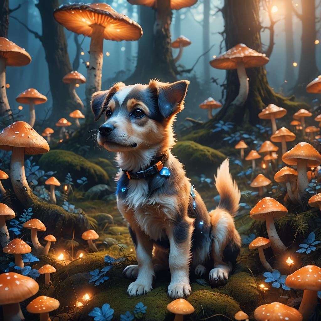Cute Puppy in Magical Mushroom Forest