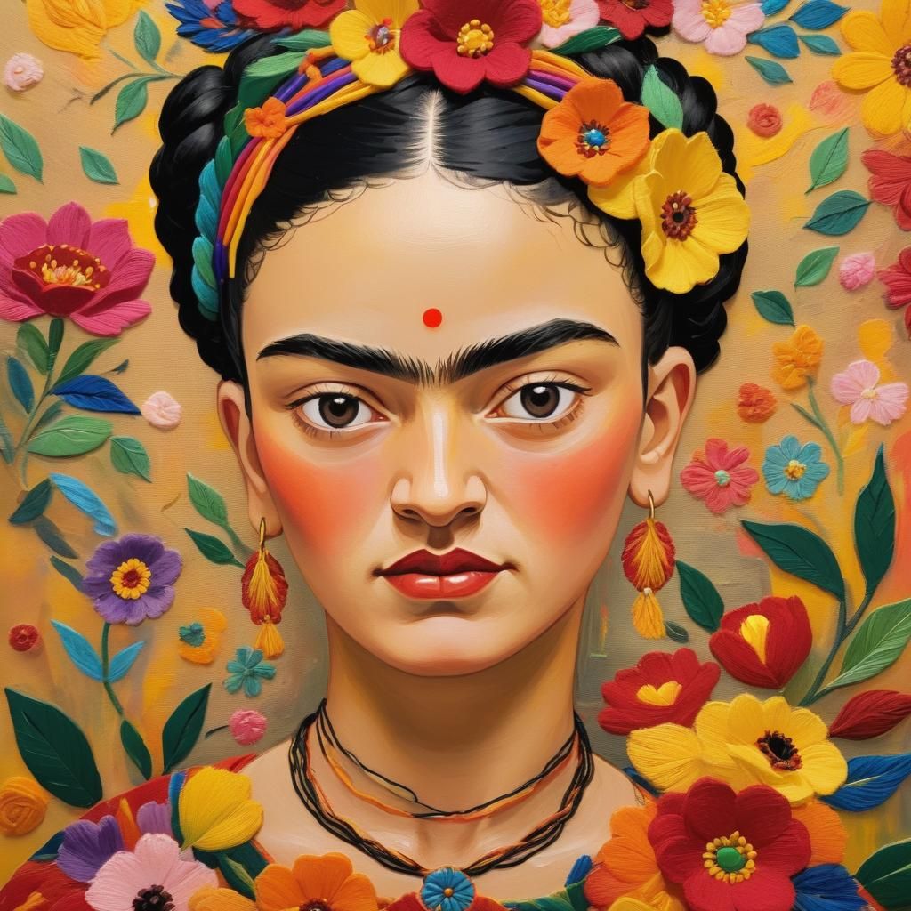 Frida Kahlo Portrait with Flowers, Impasto Oil Painting