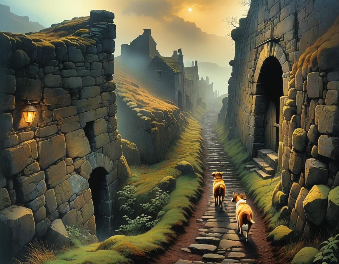 Girl and Dog in Scottish Hills, Dark Fantasy Art