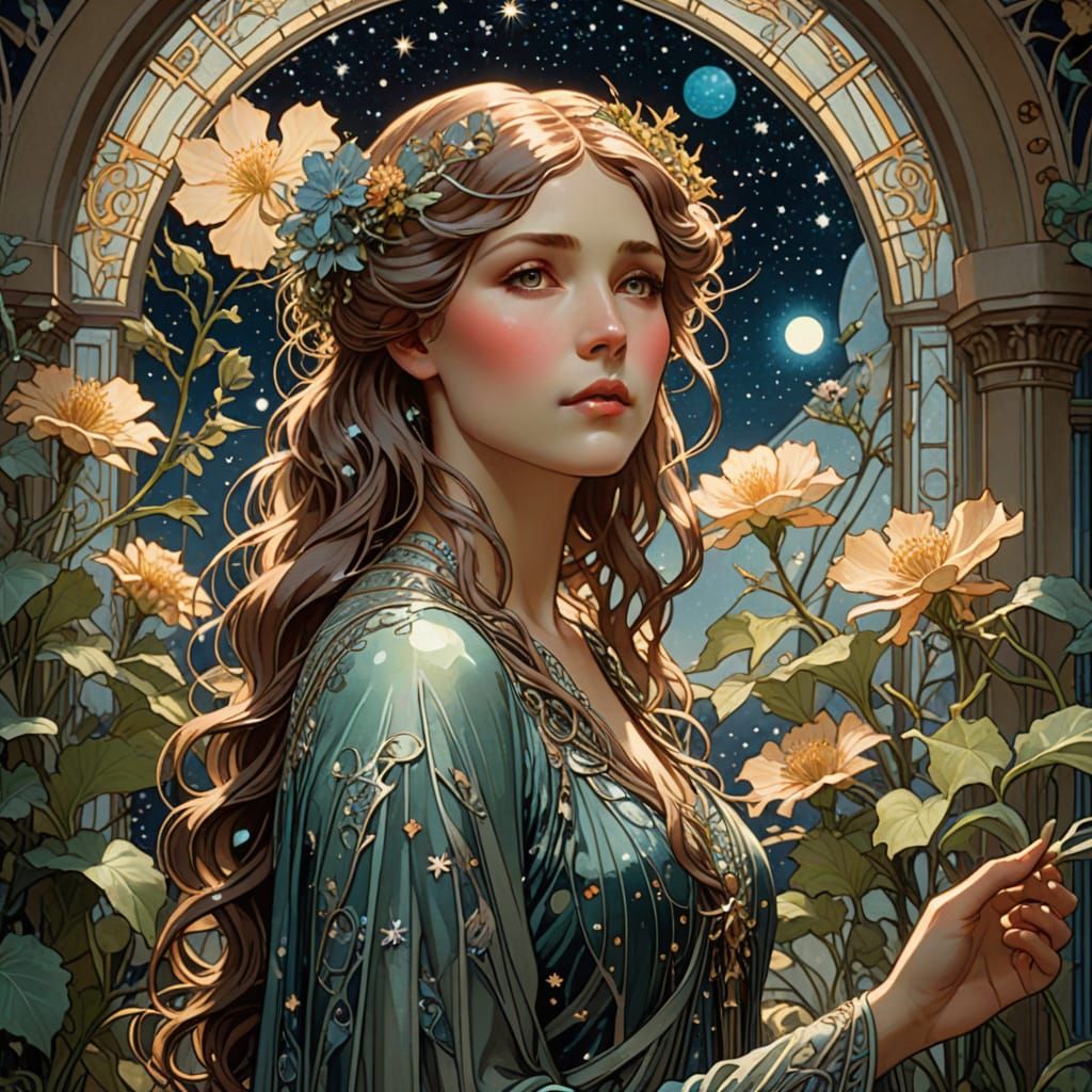 Celestial Botanist in Art Nouveau Conservatory