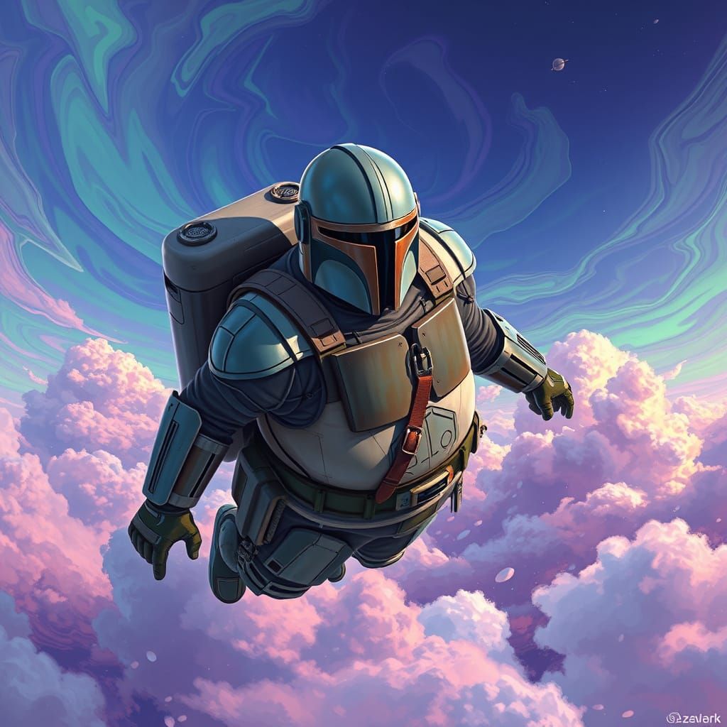 Mandalorian in Psychedelic Sky: Hyperrealistic Digital Art