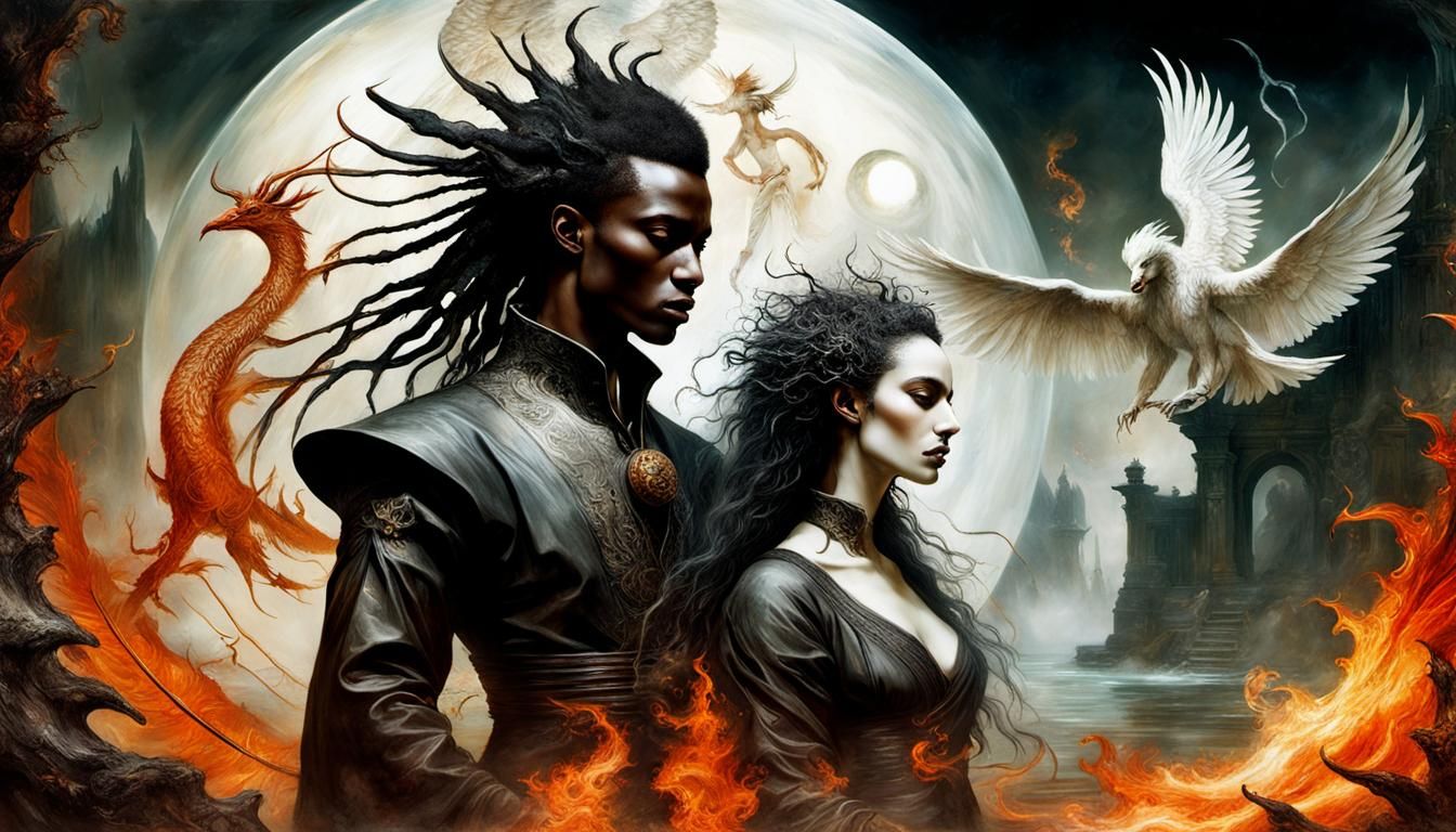 Surreal Alchemy Garden Scene with Fiery Yin and Yang