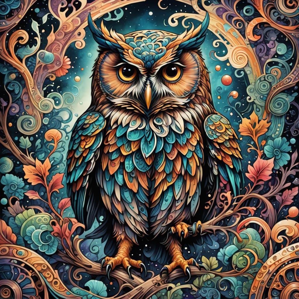 Watercolor Owl in Comic Book Art Style