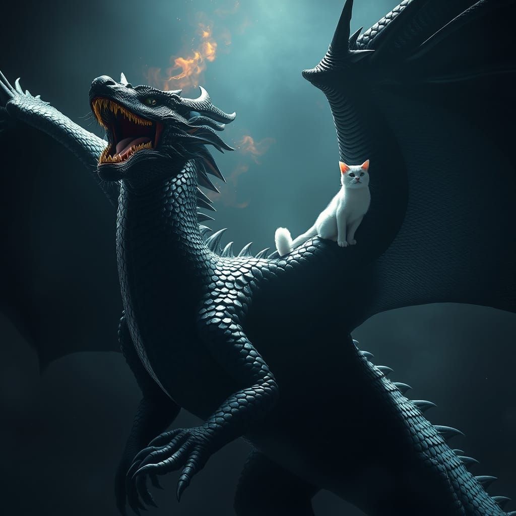 Majestic Black Dragon Roars with Regal White Cat