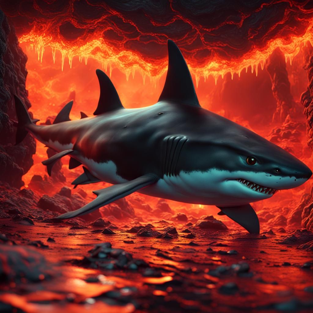 Shark Swimming in Lava: Detailed Fantasy Art