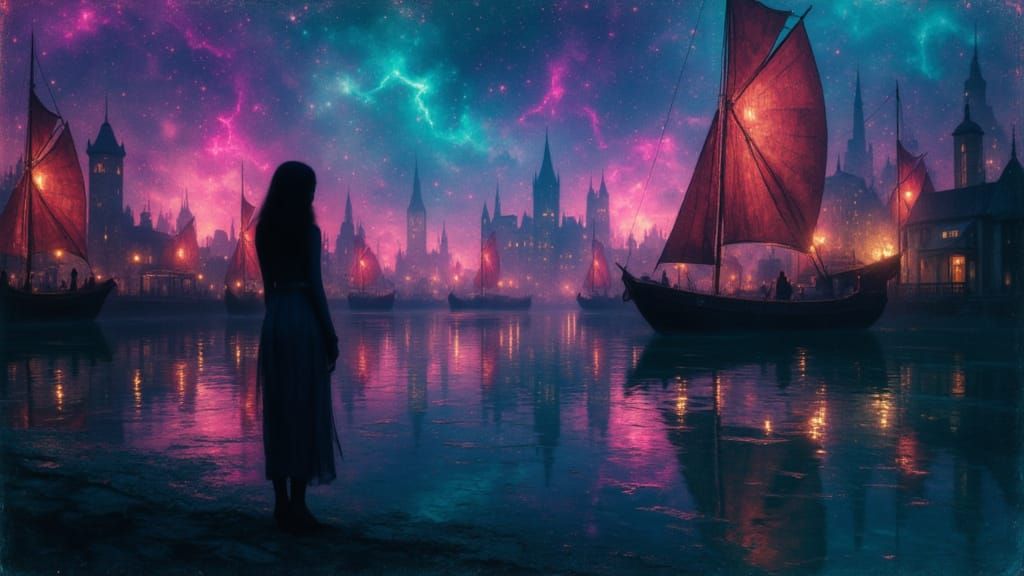 Mystical Harbor Scene in Geo Nouveau Style