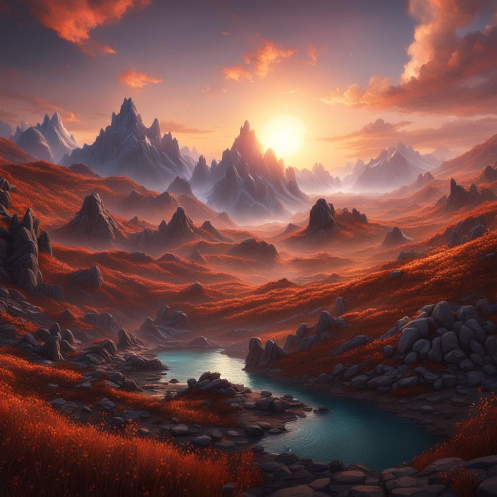 Sunrise Over Mountains: Detailed Matte Painting