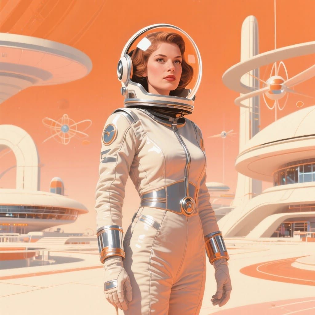Mid-Century Female Astronaut in Utopian Future Landscape
