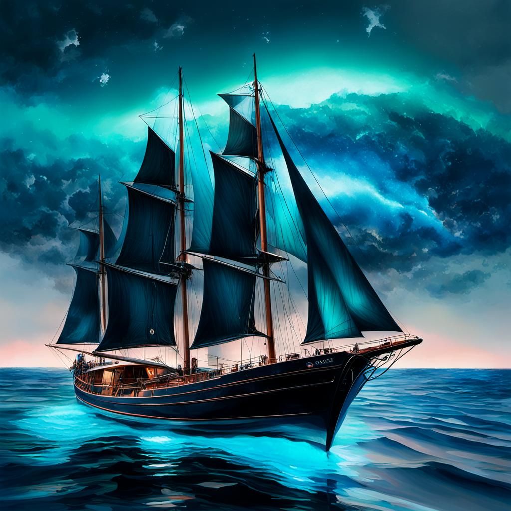 Modern Sailboat on Tranquil Ocean: Hyperrealistic Digital Pa...