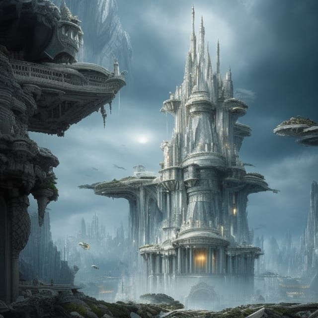 Futuristic Cityscape with Floating Gardens in Digital Art