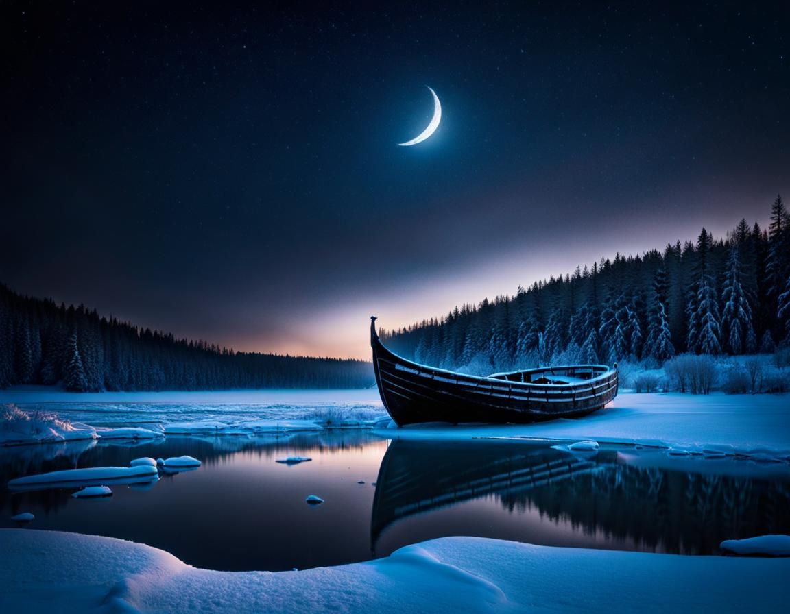 Frozen Lake at Night with Ancient Boat
