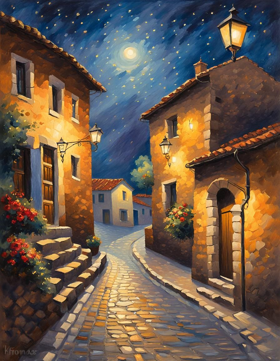 Spanish Village at Night in Gouache Style