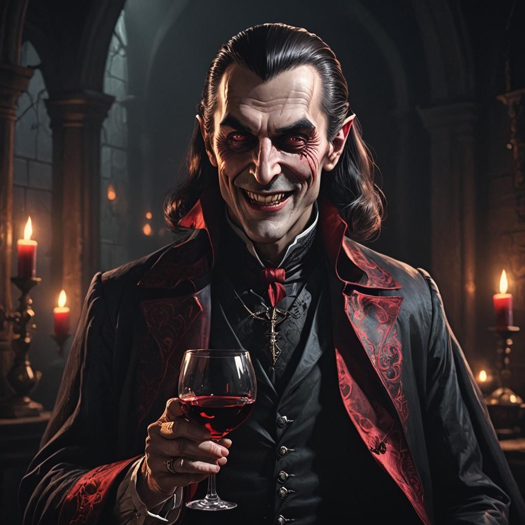 Gothic Vampire Portrait with Glowing Wine, Chiaroscuro Light...
