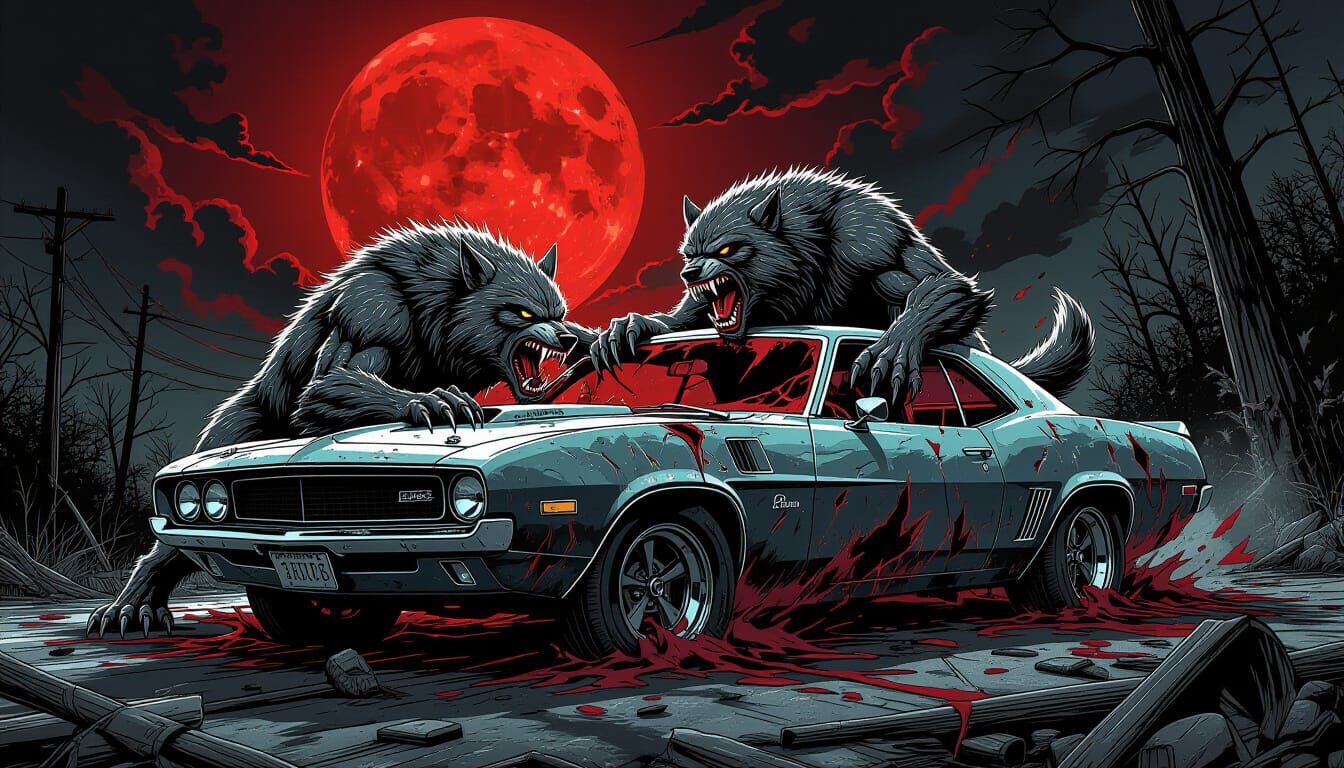 Werewolves Destroy Muscle Car Under Blood Moon