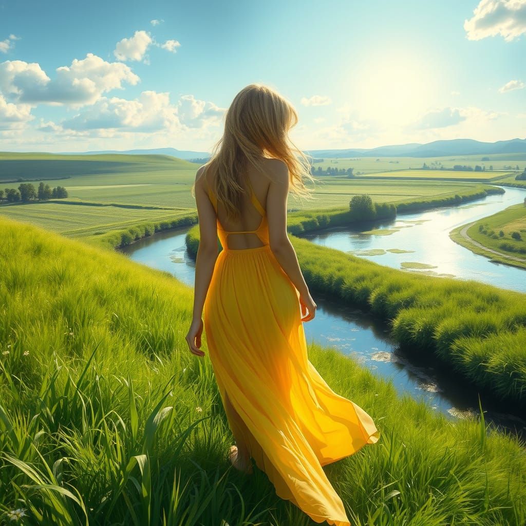 Graceful Blonde Woman in Lush Field, Detailed Oil Painting