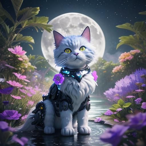 Fantasy Cat in Secret Garden with Galaxy, Sci-Fi Style