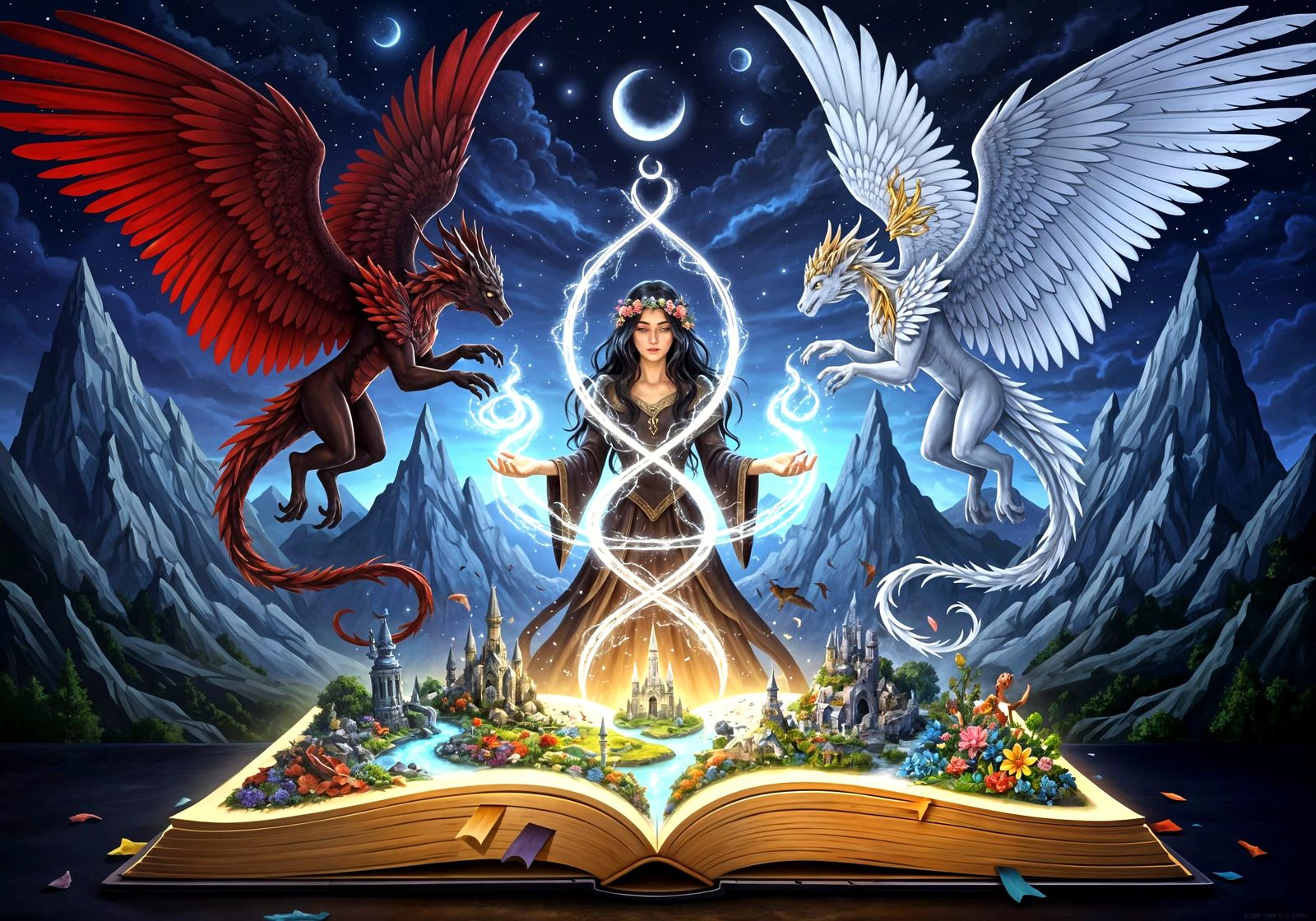 Ethereal Woman and Gothic Book in a Fantasy Landscape