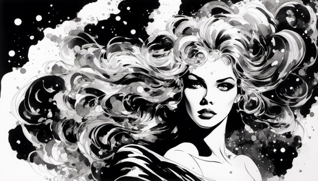 Barbarella Ink Drawing in Watercolor Comic Style