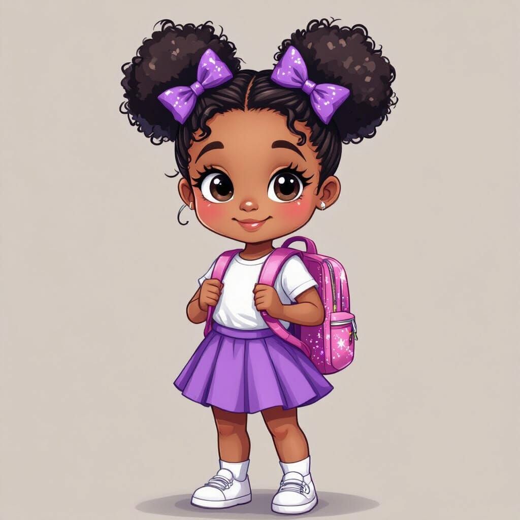 Chibi African American Girl with Purple Bows, Cartoon Style