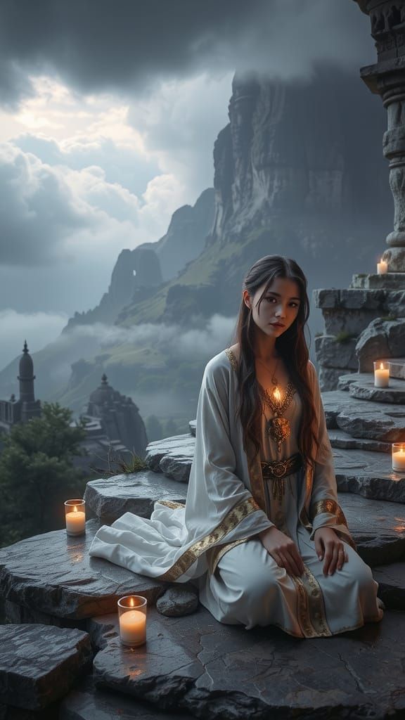 Meditative Priestess in Stone Temple, CGI Art