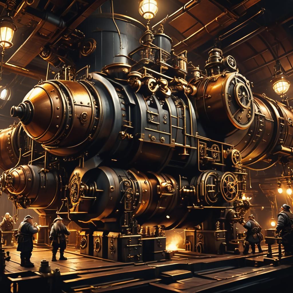 Steampunk Dwarves Maintain Airship Engine in Salvador Dali S...