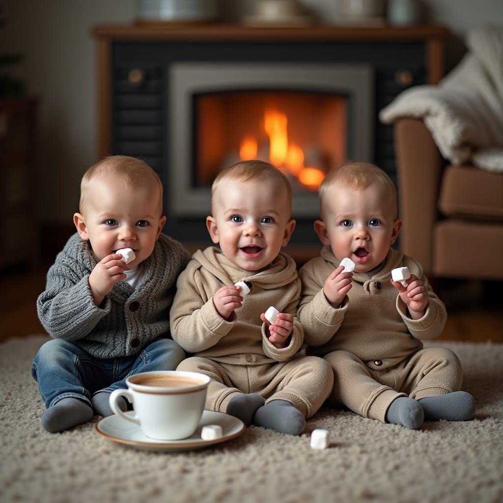 Cozy Babies Enjoy Hot Chocolate and Marshmallows by a Heater