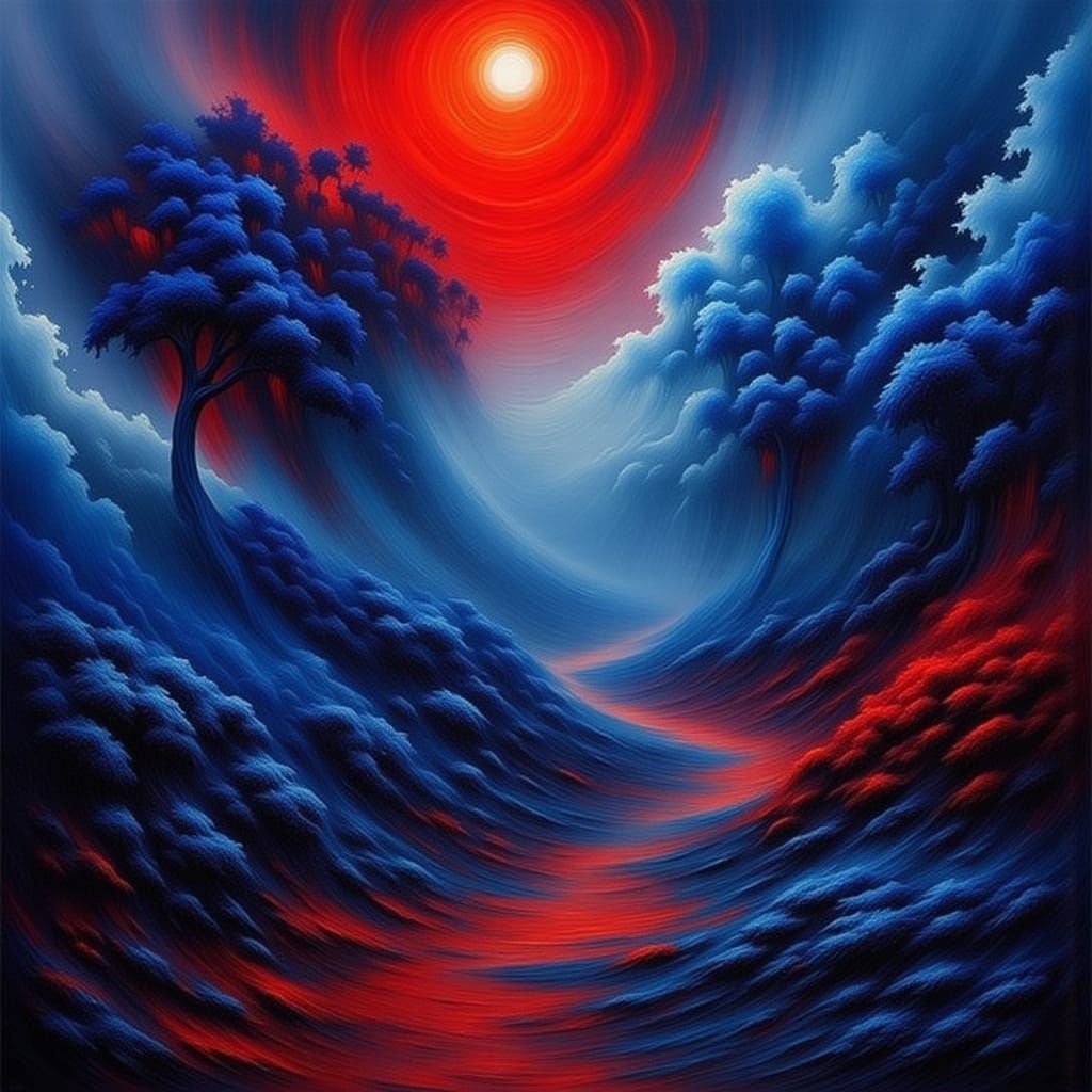 Surreal Blue and Red Action Scene in Vibrant Flux
