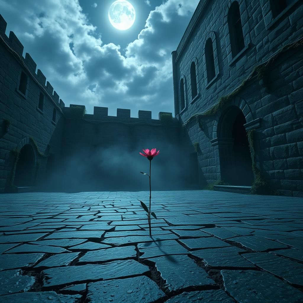 Lone Flower Blooms in Medieval Castle Courtyard