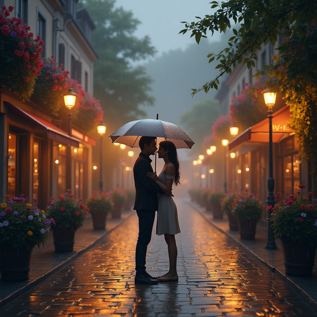 Romantic Couple in Rainy European Town: Photorealistic Art