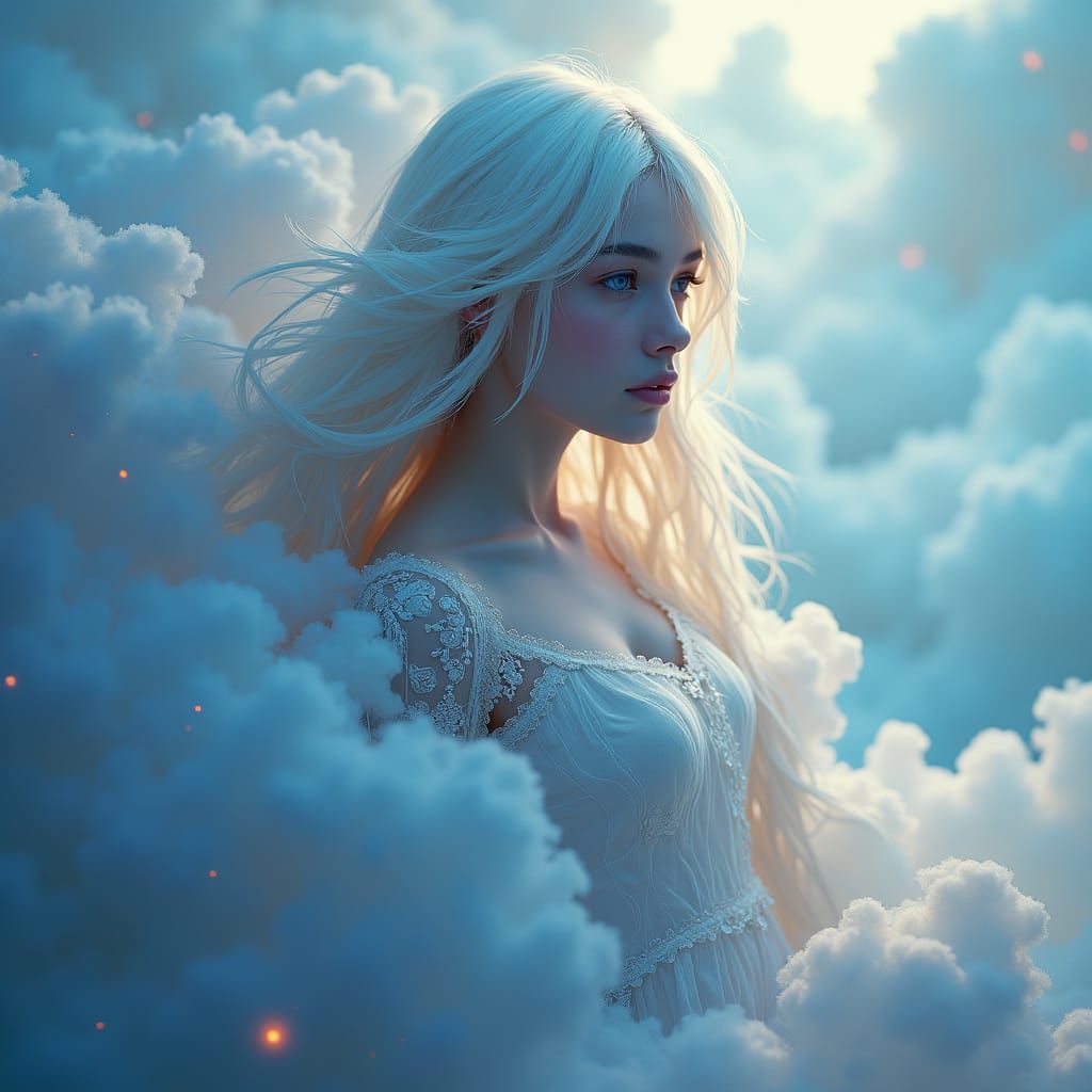 Mystical Girl with White Hair in Dreamlike Setting