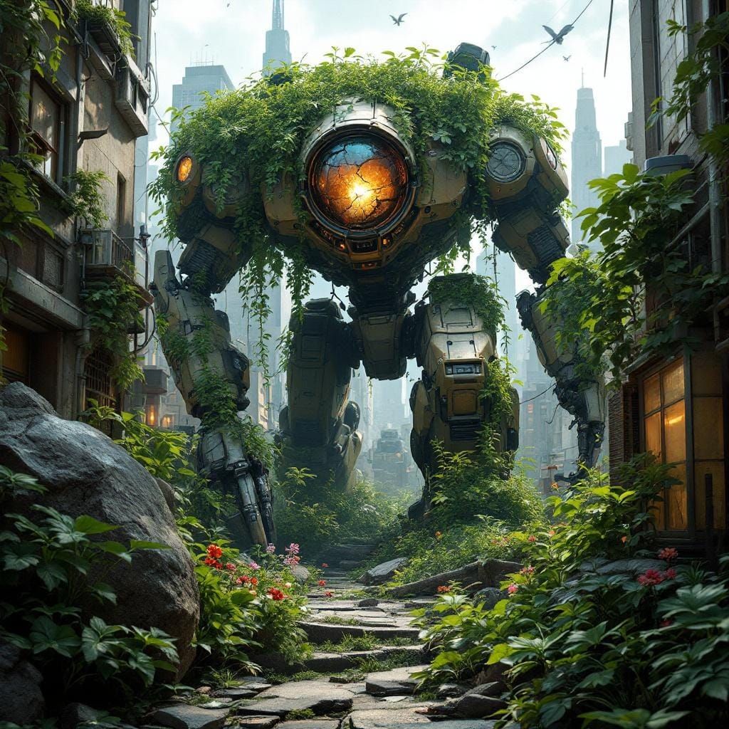 Lush Garden Overgrowing a Broken Mech, Oil Painting