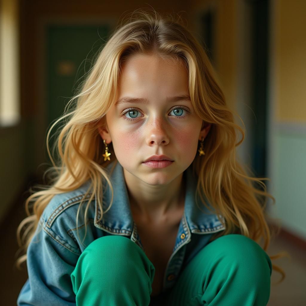 Golden-Haired Girl in Denim Jacket, Cinematic Style
