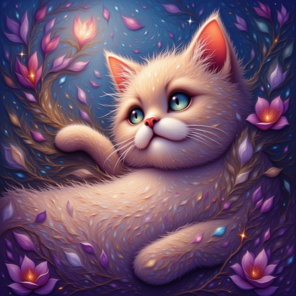 Dreaming Cat in Anime Style with Fairies