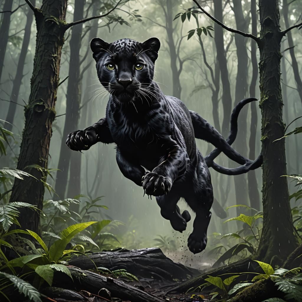 black panther through a rainy forest