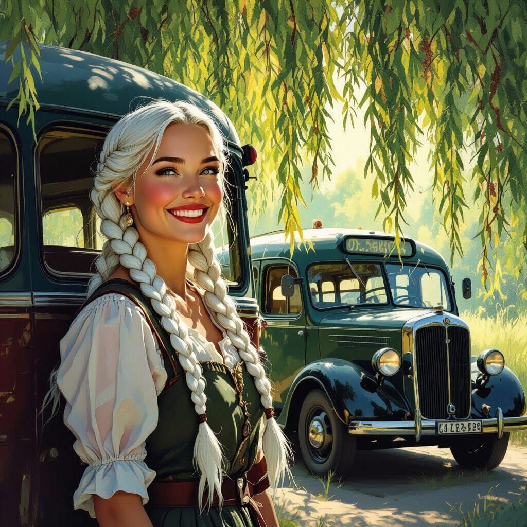 Nordic Woman Smiles Beside Vintage Bus Under Willow Tree