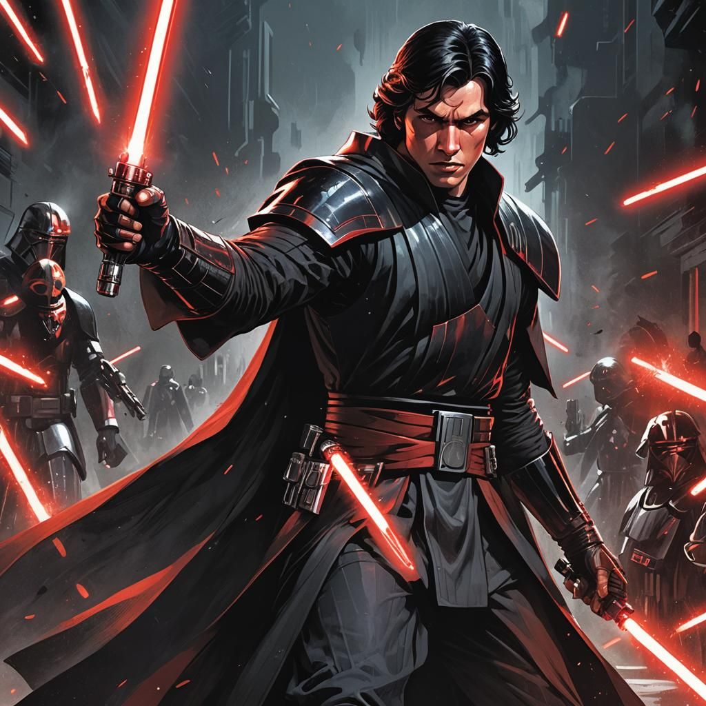 Sith Lord Wields Lightsaber in Comic Book Style