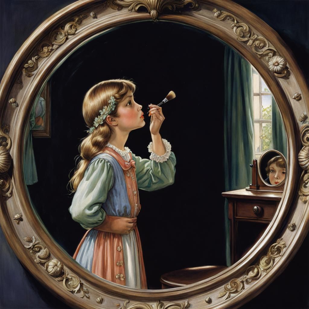 Girl in Dress-Up Mirror Reflection, Fairy Illustration