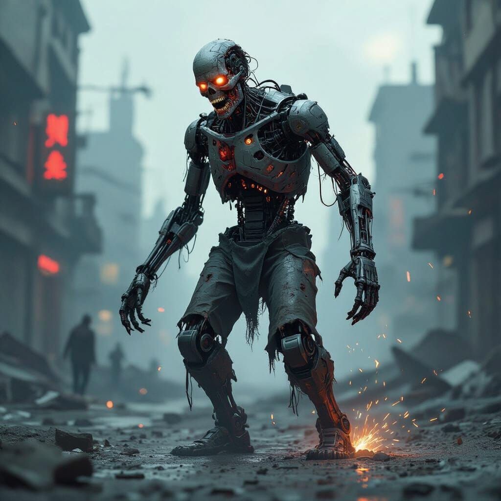 Terrifying Robotic Zombie in Cyberpunk Cityscape