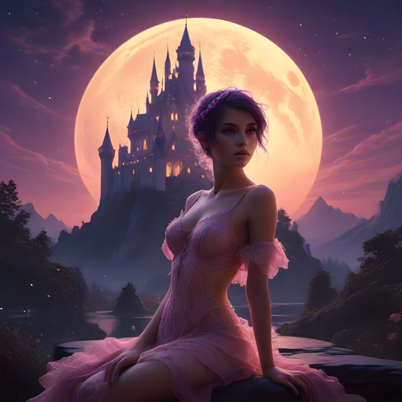 double exposure of Punky Pixie , silhouette dressed in pink, sheerest lace, silver fairytale castle, hyperrealistic , Fi...