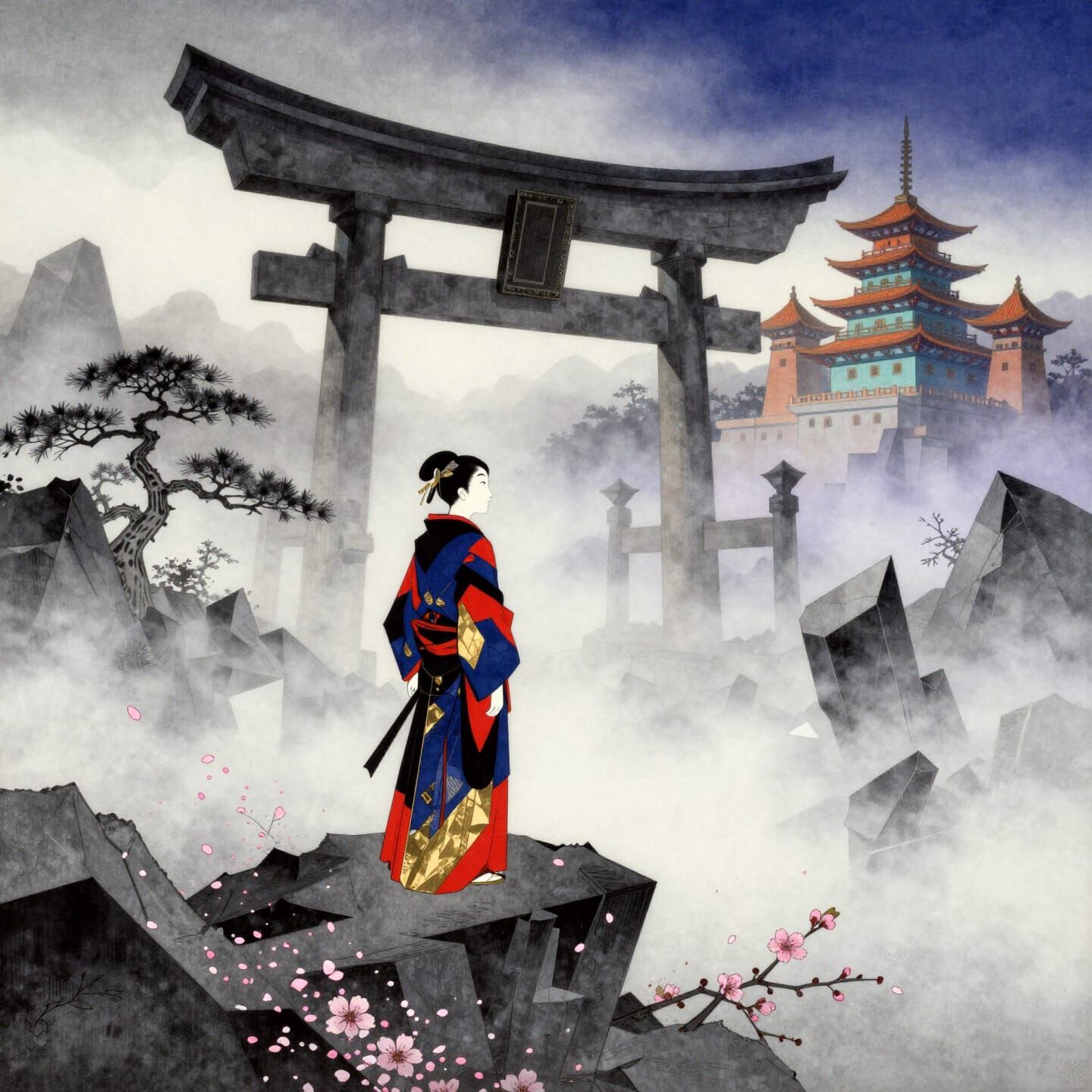 Ukiyo-e Cubist Wanderer on Shattered Mountain Peak