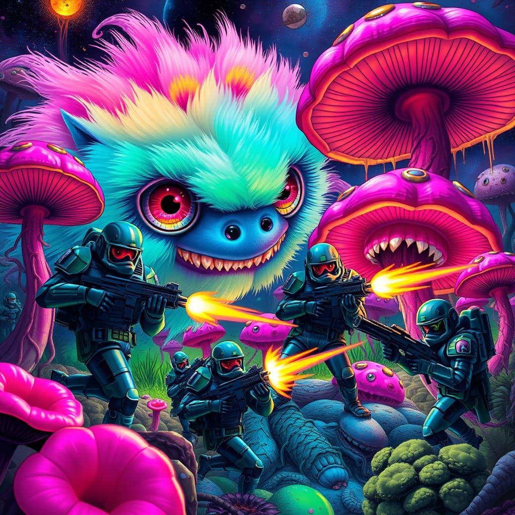 Rainbow Creatures Battle Space Marines in Surreal Sci-Fi Sce...