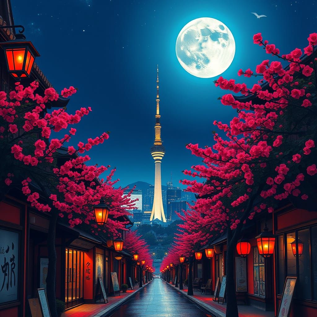 Traditional Japanese Street Scene Under Vibrant Night Sky
