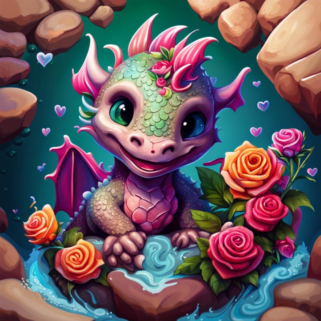 Cute Baby Dragon with Roses, Hyperrealistic Splash Art